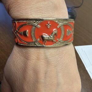 Vtg Golden Orange Enamel Horse Bracelet Hinged Cuff Equestrian Bangle Statement